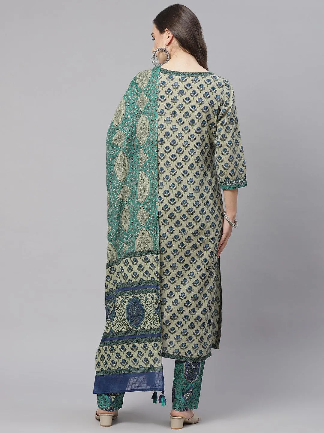 Divena  Green Cotton Straight Kurta Pant Set With Dupatta