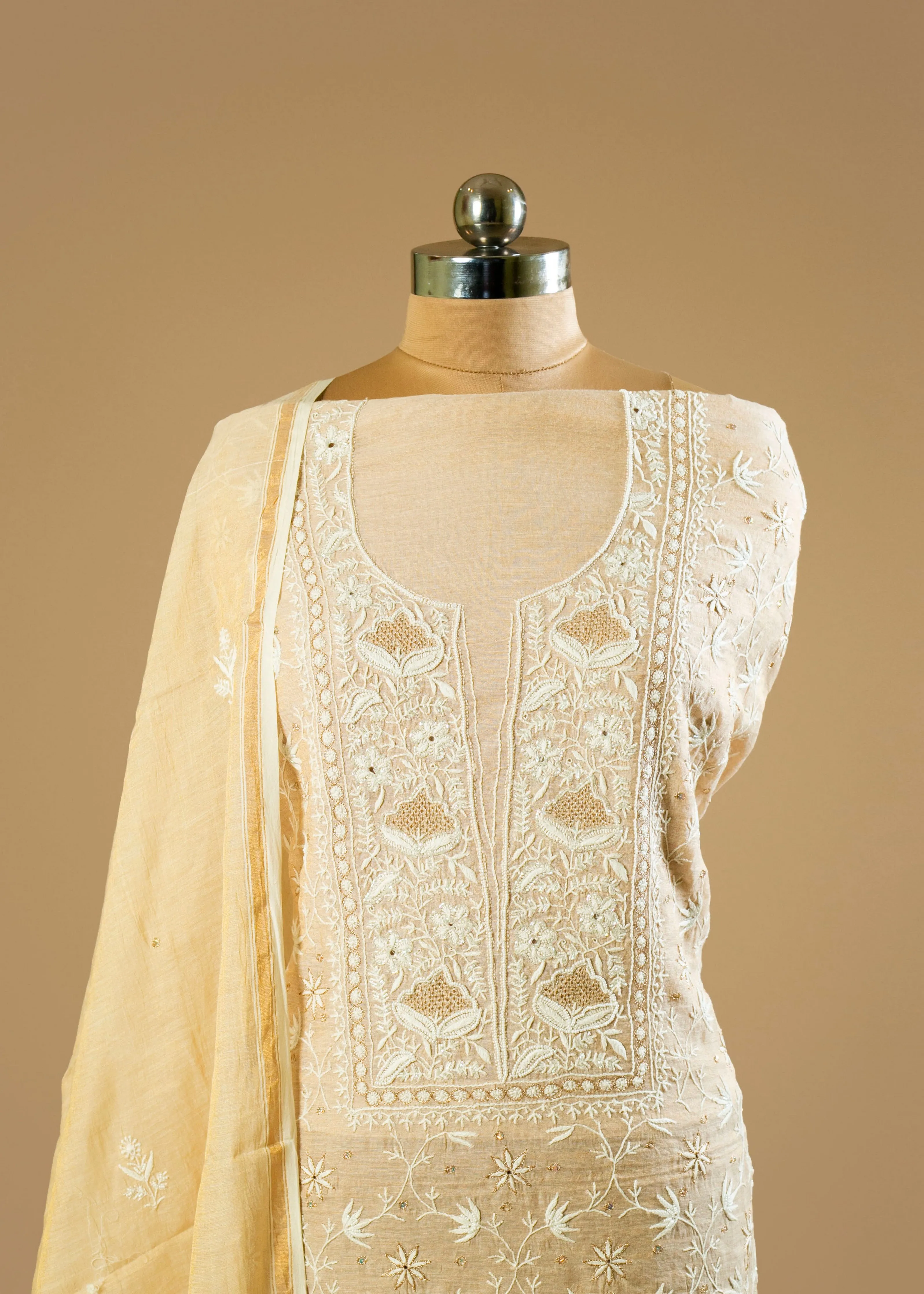 Dyeable Hand-Embroidered Chikankari Lucknowi Shirt with Crystal Pipe Work and Pure Chanderi Tissue Fabric