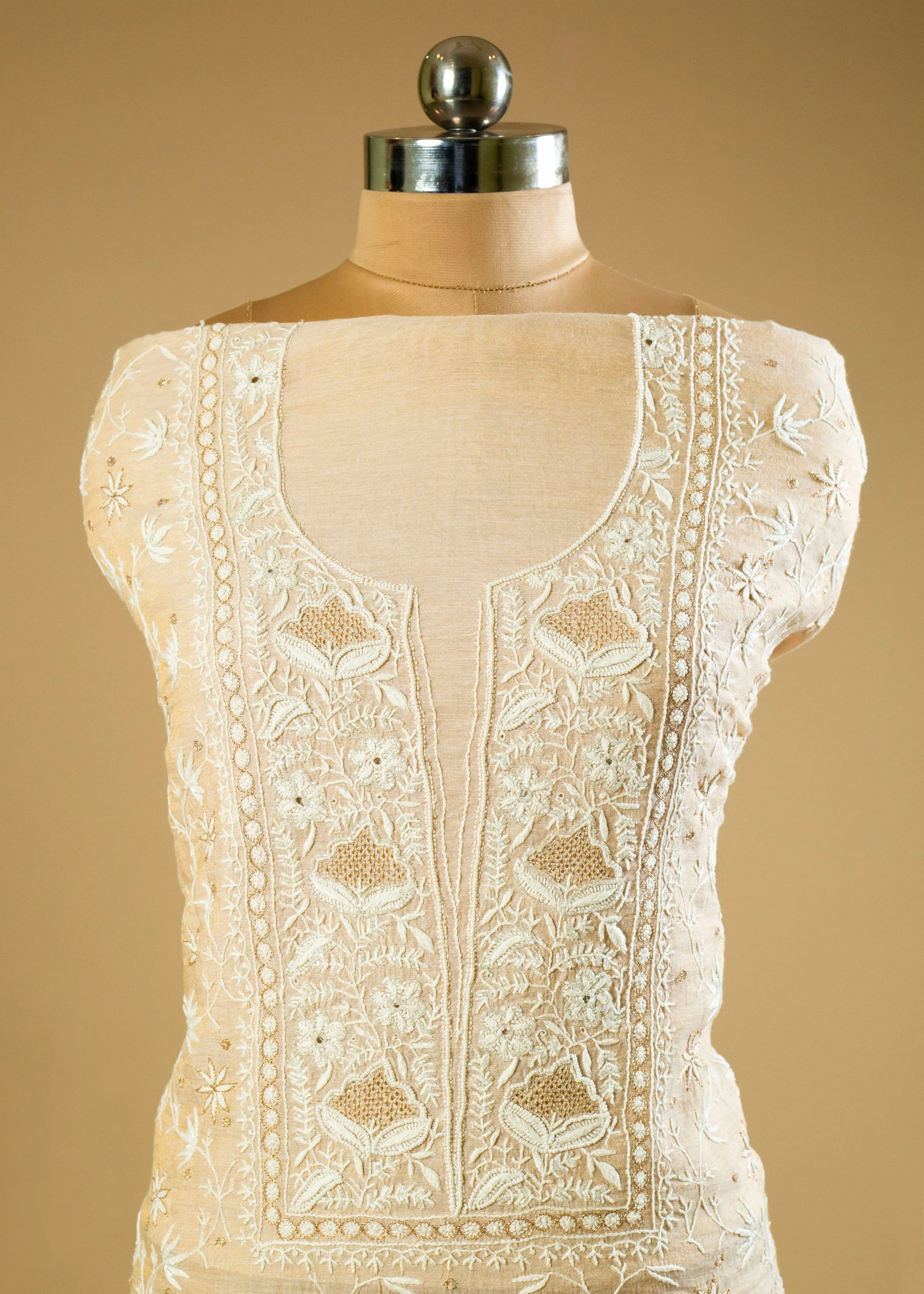 Dyeable Hand-Embroidered Chikankari Lucknowi Shirt with Crystal Pipe Work and Pure Chanderi Tissue Fabric