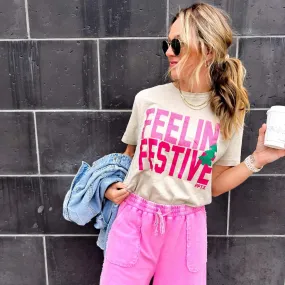 {FEELIN' FESTIVE} Pink Glitters Neutral Cream Crew Neck Tee