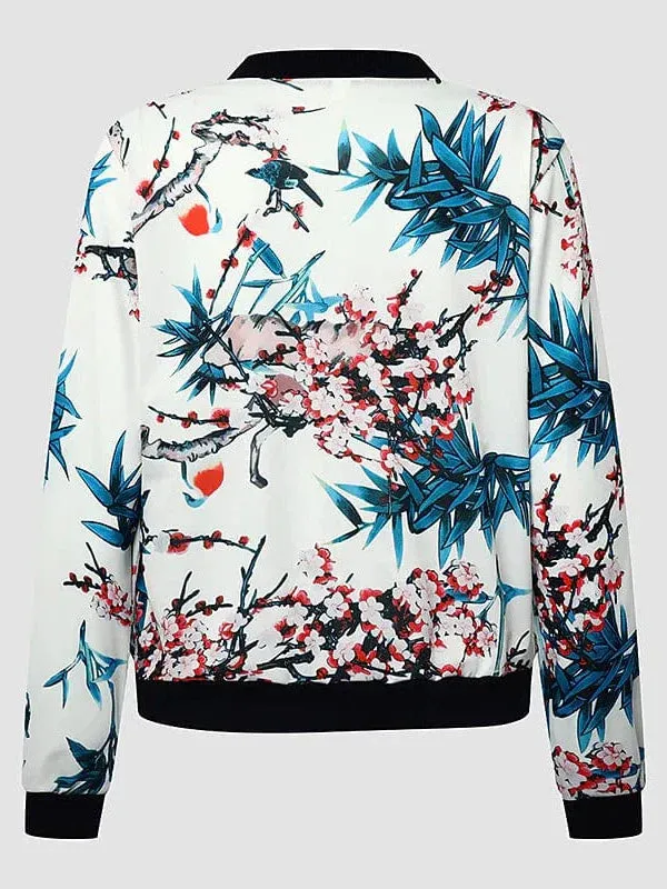 Floral Print Zip-Up Baseball Jacket for Women