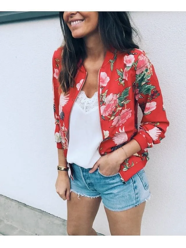 Floral Print Zip-Up Baseball Jacket for Women