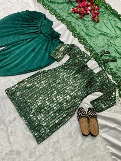 Green Heavy Malay Silk Sequence Embroidered Punjabi Dhoti Salwar Suit