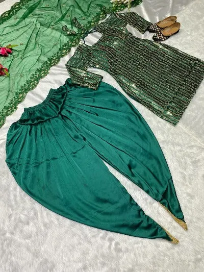 Green Heavy Malay Silk Sequence Embroidered Punjabi Dhoti Salwar Suit