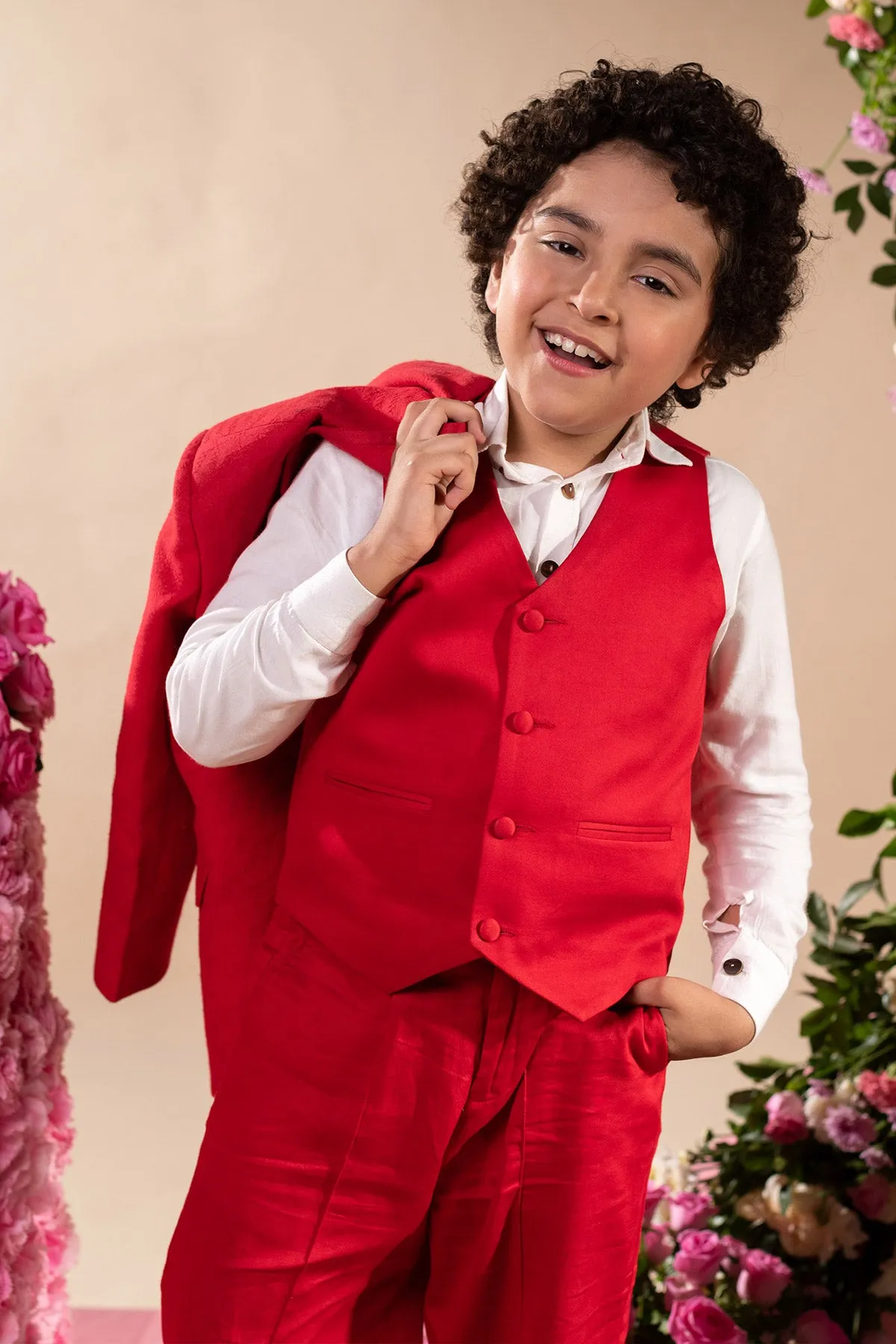 Idum -
 Red Blazer Paired With Waistcoat & Trouser Set