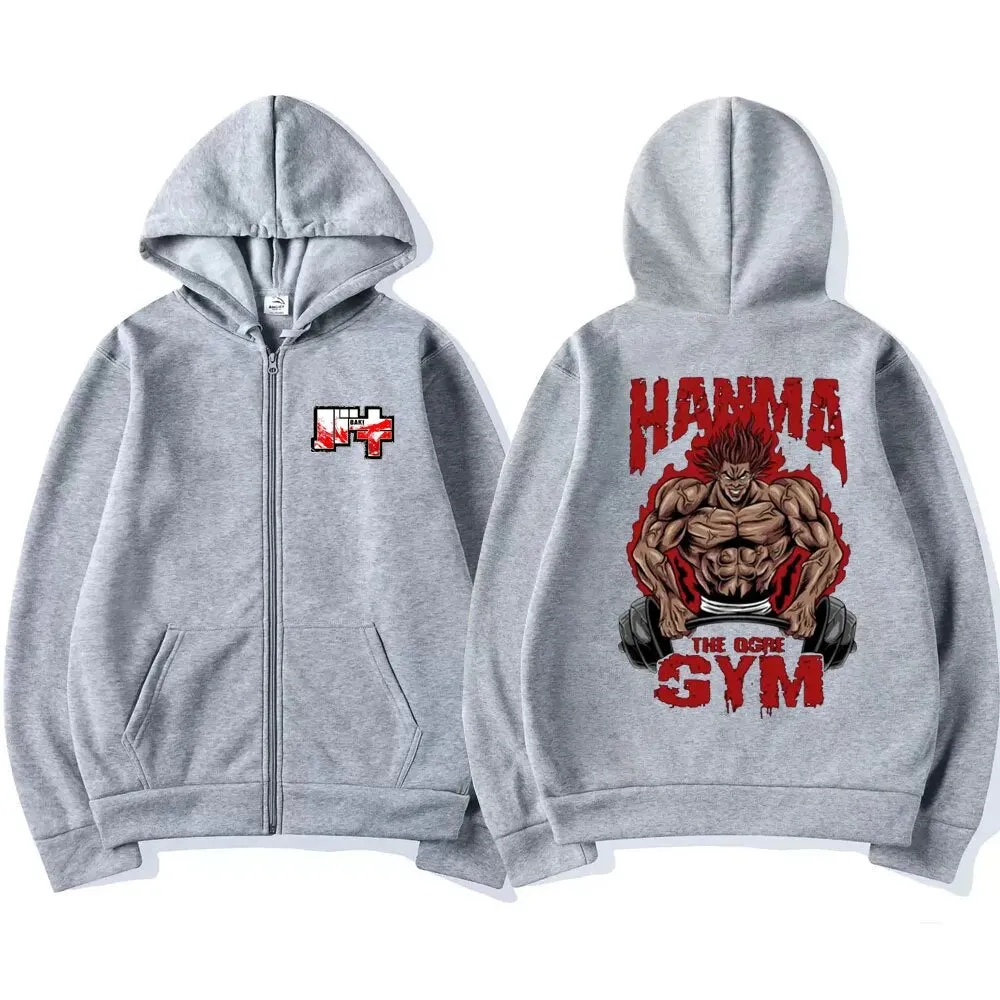 Japanese Anime Baki The Grappler Zipper Hoodie Unisex Vintage Oversized Manga Yujiro Hanma Sweatshirt Men Casual Zip Up Jacket