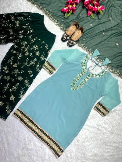 Light Blue & Green Heavy Embroidered Punjabi Dhoti Salwar Suit Set