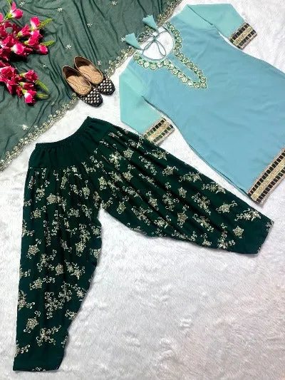 Light Blue & Green Heavy Embroidered Punjabi Dhoti Salwar Suit Set