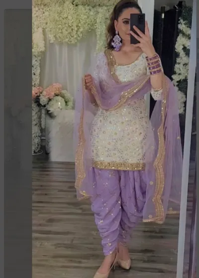 Lilac Cream Embroidered Patiala Readymade Suit