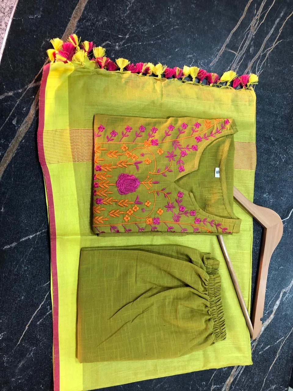 Lime Green Aari Work Cotton Suit With Linen Dupatta