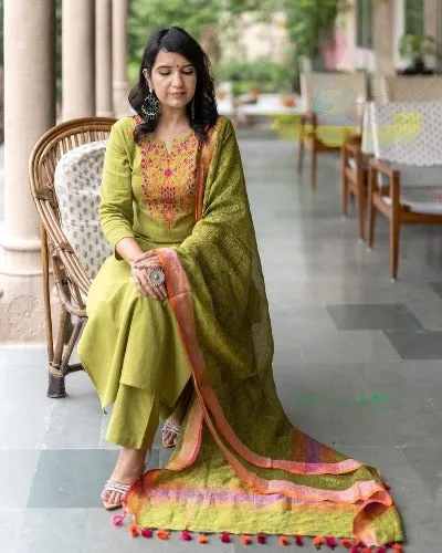 Lime Green Aari Work Cotton Suit With Linen Dupatta