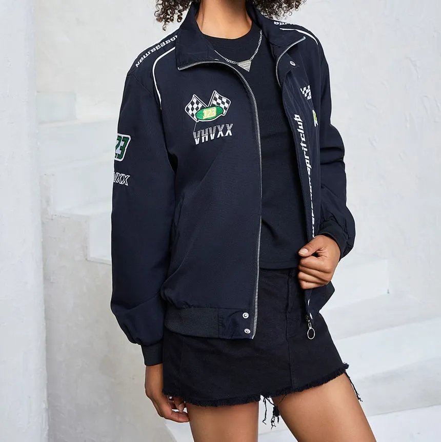 Long Sleeve Lettering Embroidered Loose-Fit Bomber Jacket ZJ9