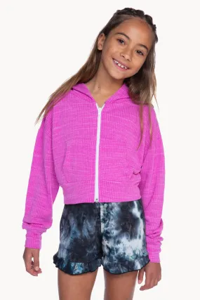 Luxe Ribbed Drop Shoulder Cropped Zip Hoodie - Magenta Pink