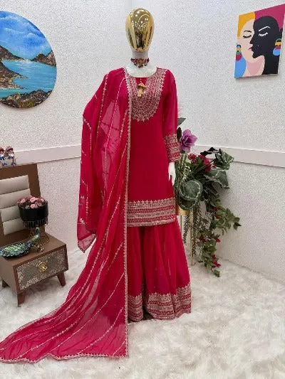 Magenta Pink Georgette Designer Sequence Work Sharara Suit Set