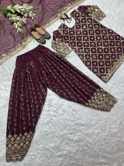 Maroon Sequence Work Georgette Punjabi Dhoti Salwar Suit