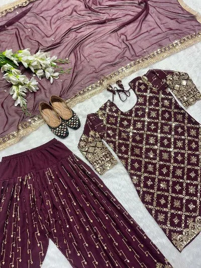 Maroon Sequence Work Georgette Punjabi Dhoti Salwar Suit