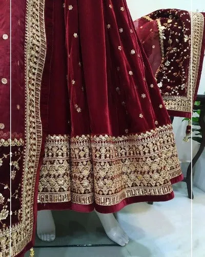 Maroon Velvet Designer Heavy Sequence Work Anarkali With Dupatta 2Pc