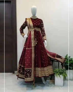 Maroon Velvet Designer Heavy Sequence Work Anarkali With Dupatta 2Pc