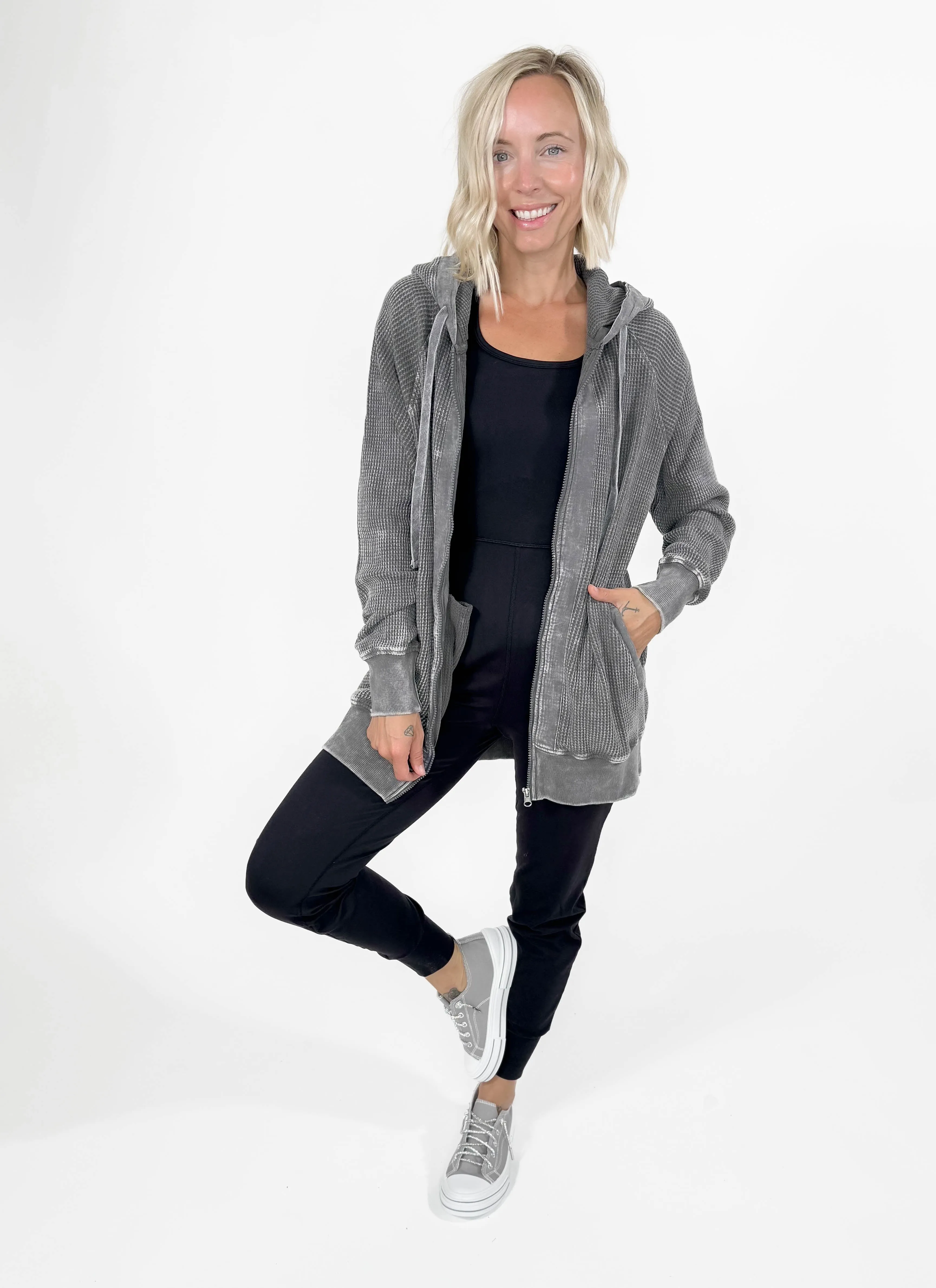 MONO B Lorelai Waffle Hoodie Jacket- URBAN GREY