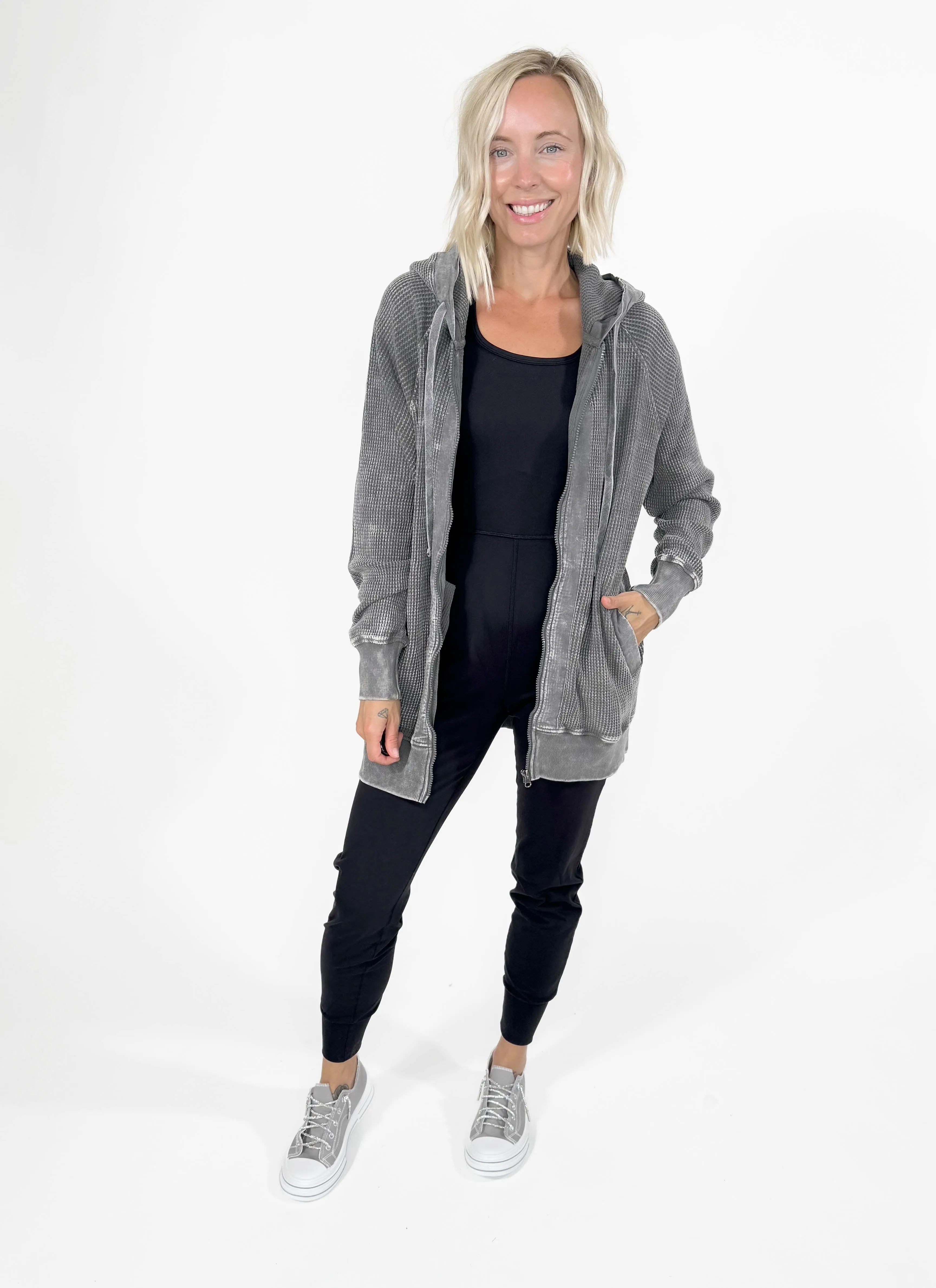 MONO B Lorelai Waffle Hoodie Jacket- URBAN GREY