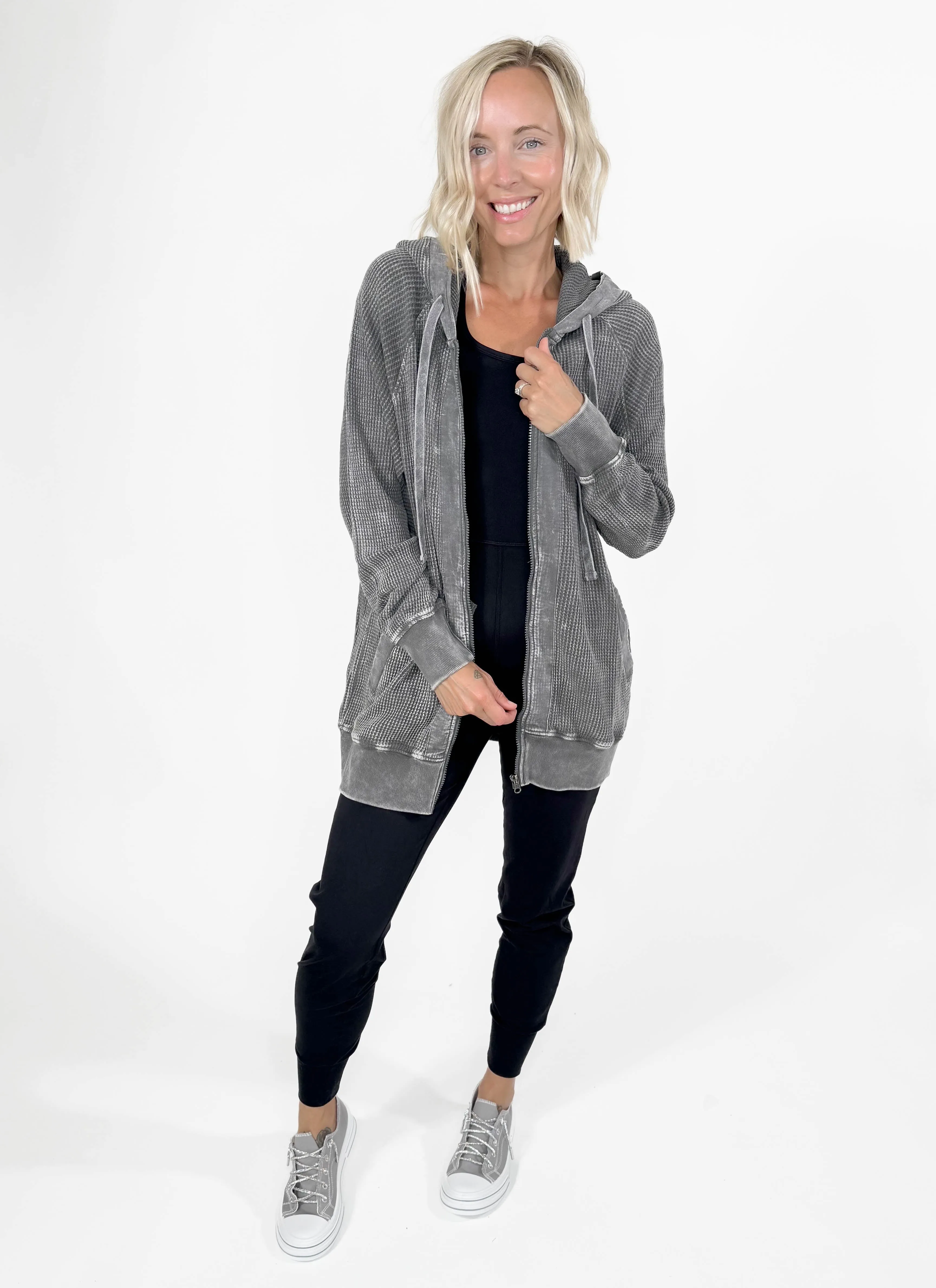 MONO B Lorelai Waffle Hoodie Jacket- URBAN GREY