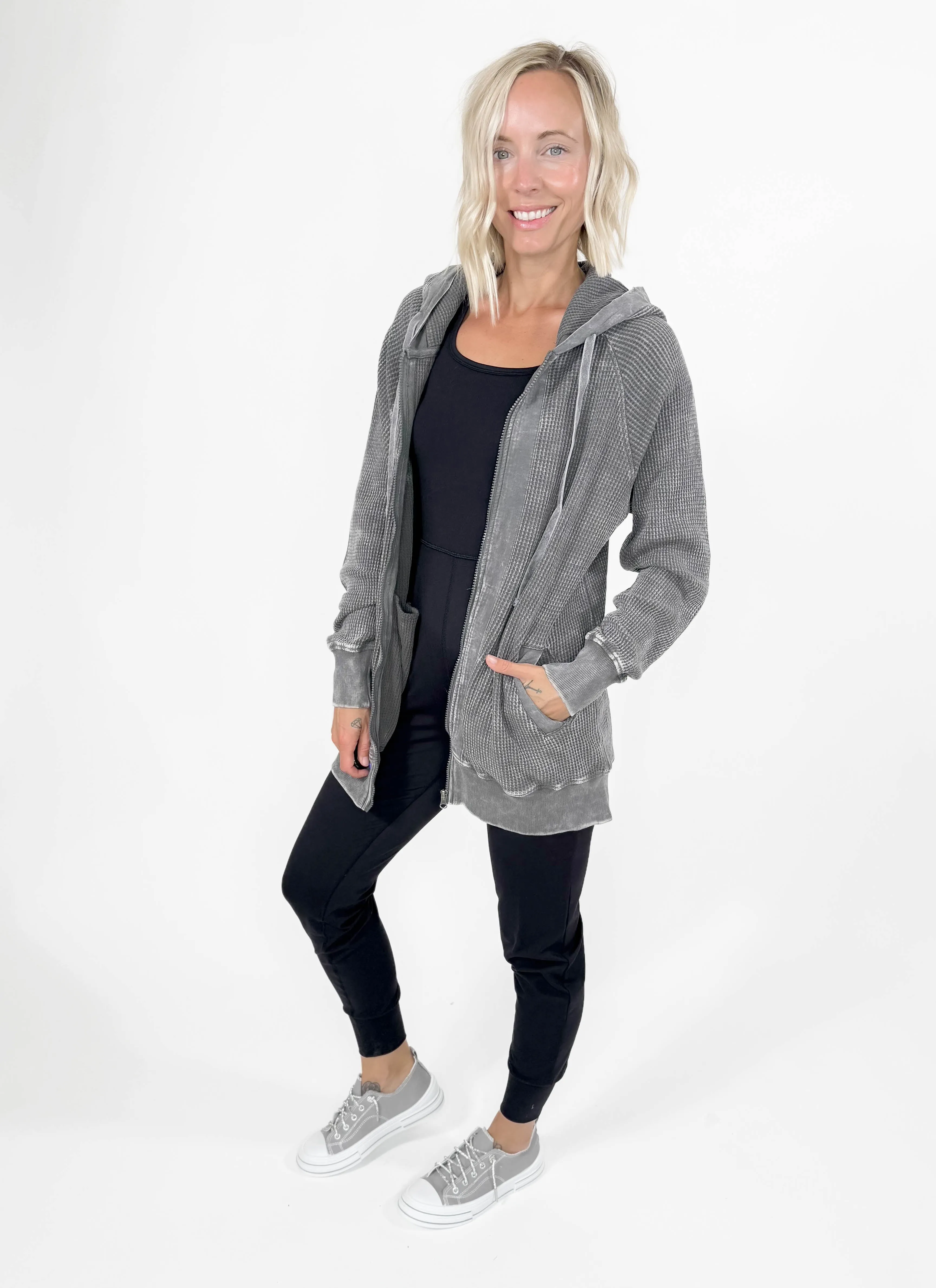 MONO B Lorelai Waffle Hoodie Jacket- URBAN GREY