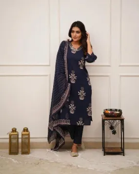 Navy Blue Cotton Discharge Printed Salwar Suit Set