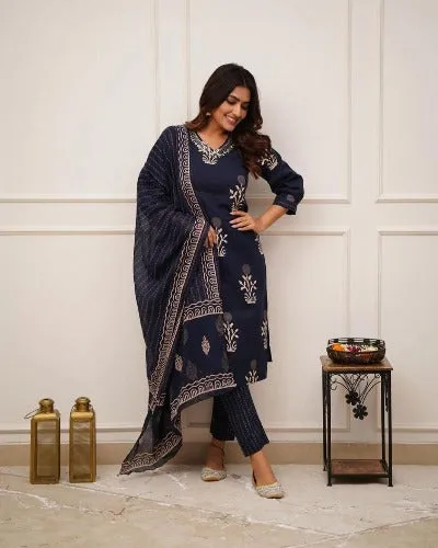 Navy Blue Cotton Discharge Printed Salwar Suit Set