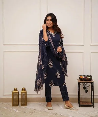 Navy Blue Cotton Discharge Printed Salwar Suit Set