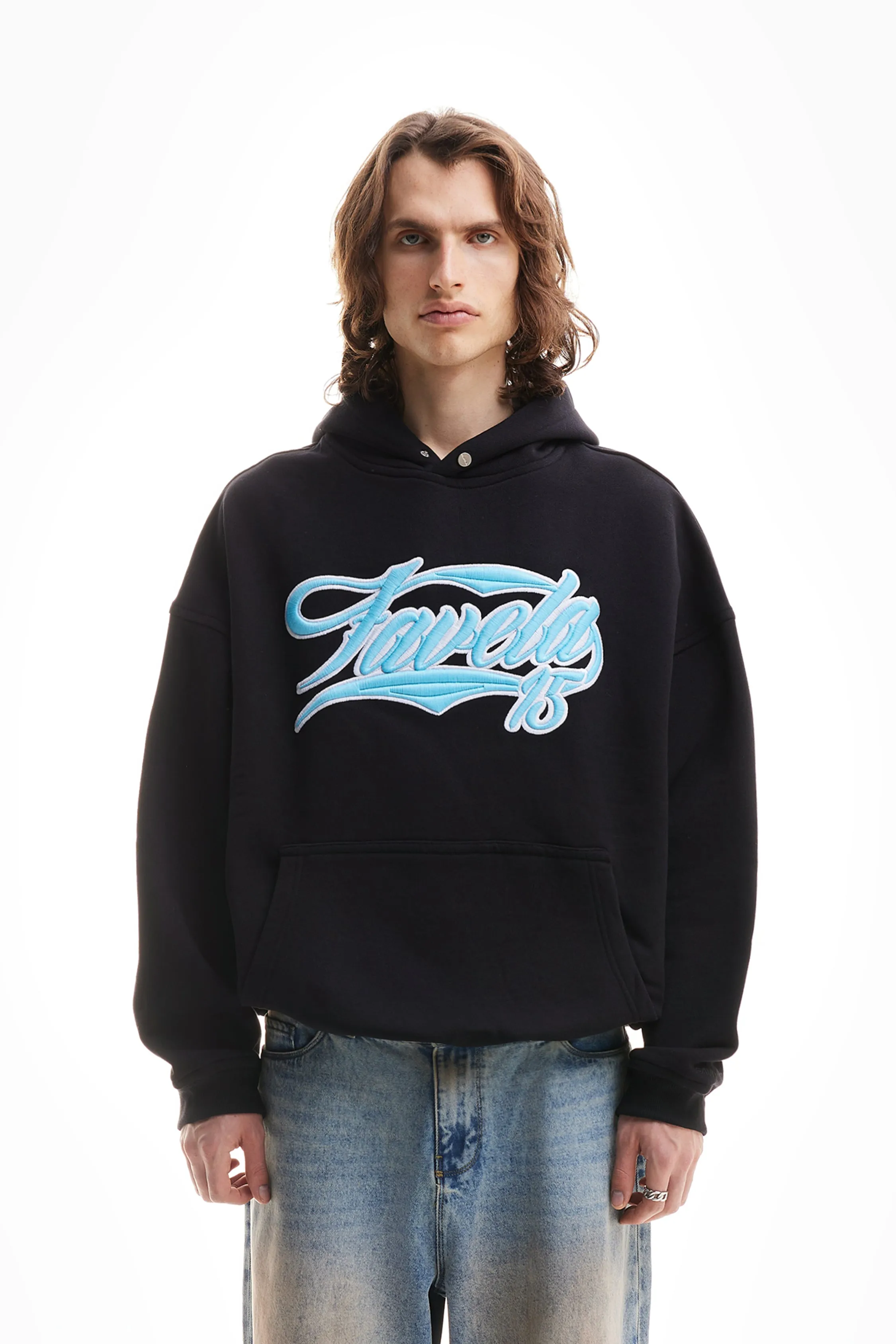 NEW 3D COLLEGE  BABYBLUE/WHITE BLACK SNAP BUTTON HOODIE