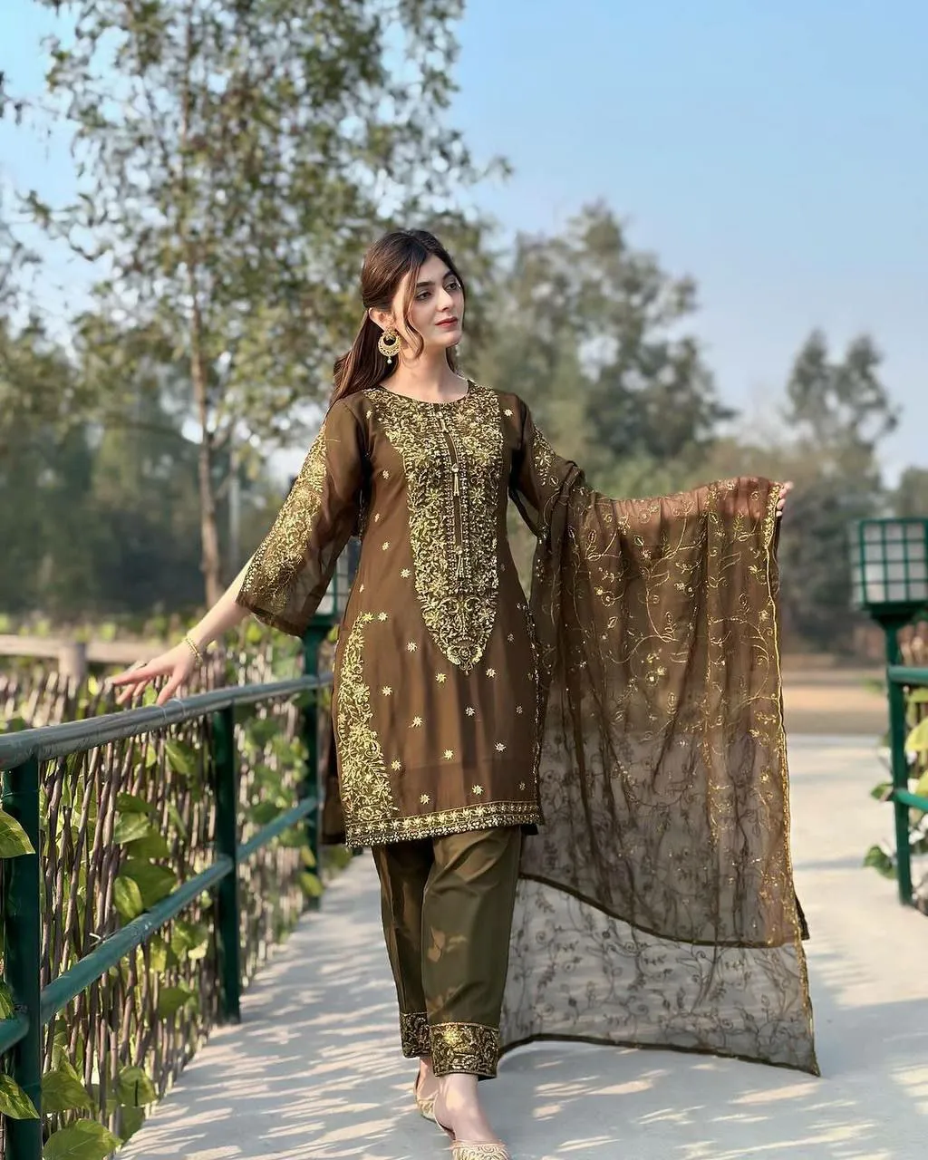 Olive Green Designer Sequence Georgette Straight Suit Set