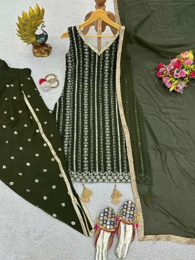 Olive Green Georgette Sequence Work Dhoti Suit Set