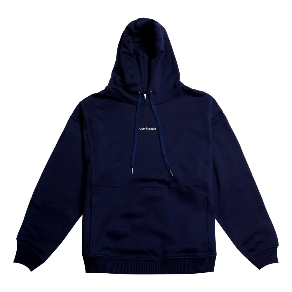 Optimized Mens Navy Hoodie with Open Dialogue Small Logo - Casual & Comfortable