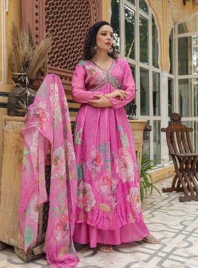 Pink Alia Cut Cotton Handwork Salwar Suit Set