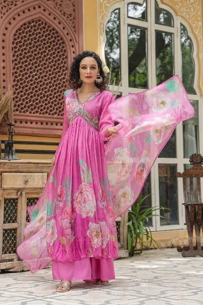 Pink Alia Cut Cotton Handwork Salwar Suit Set