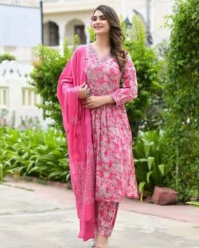 Pink Cotton Nyra Cut Salwar Suit Set