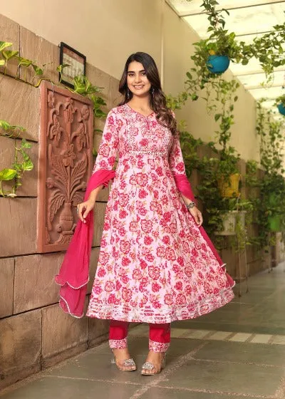 Pink Embroidered Cotton Anarkali Salwar Suit Set