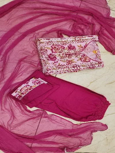 Pink Embroidered Cotton Anarkali Salwar Suit Set