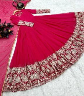 Pink Georgette Anarkali Gown With Dupatta Set Of 2