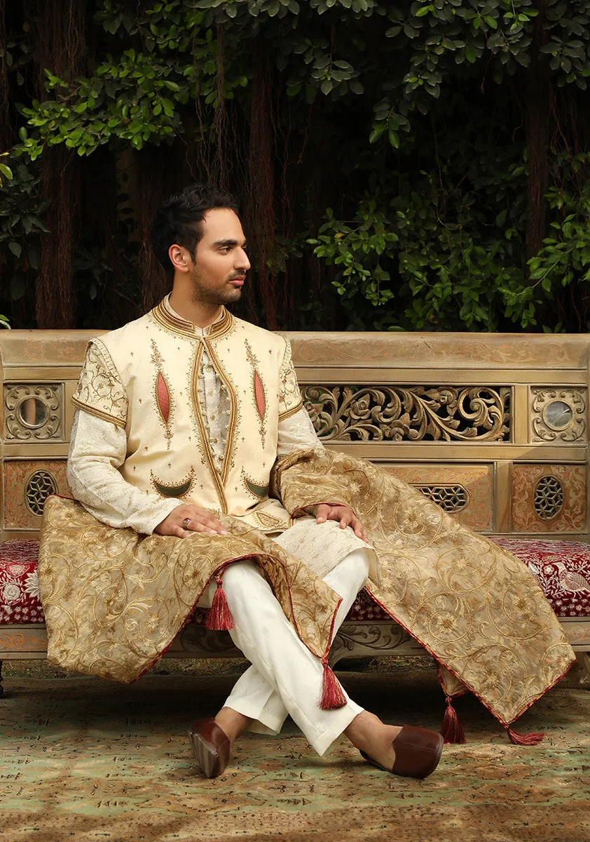 Premium Jamawar Beige Talpuri Waistcoat along with Jamawar Suit and Shawl