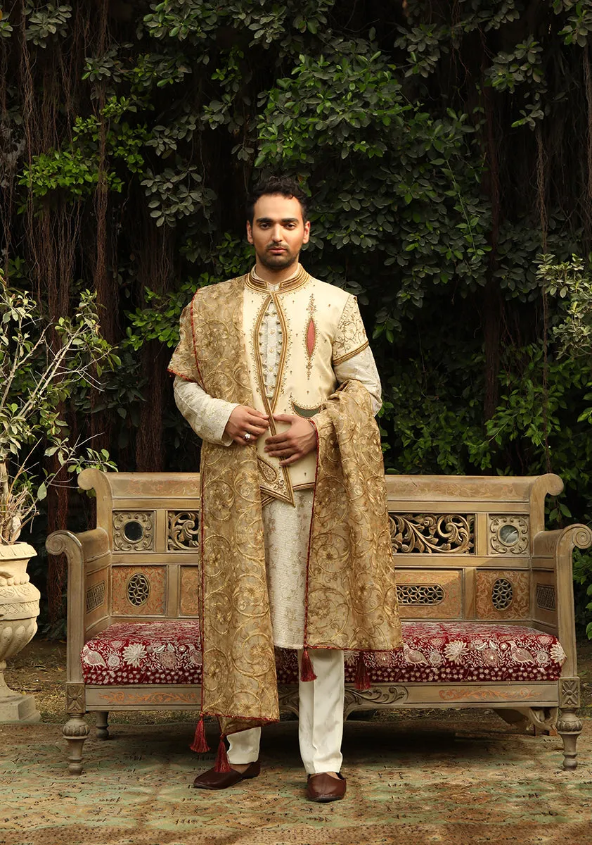 Premium Jamawar Beige Talpuri Waistcoat along with Jamawar Suit and Shawl