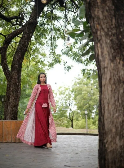 Red Rayon Long Gown With Georgette Crochet Work Shrug