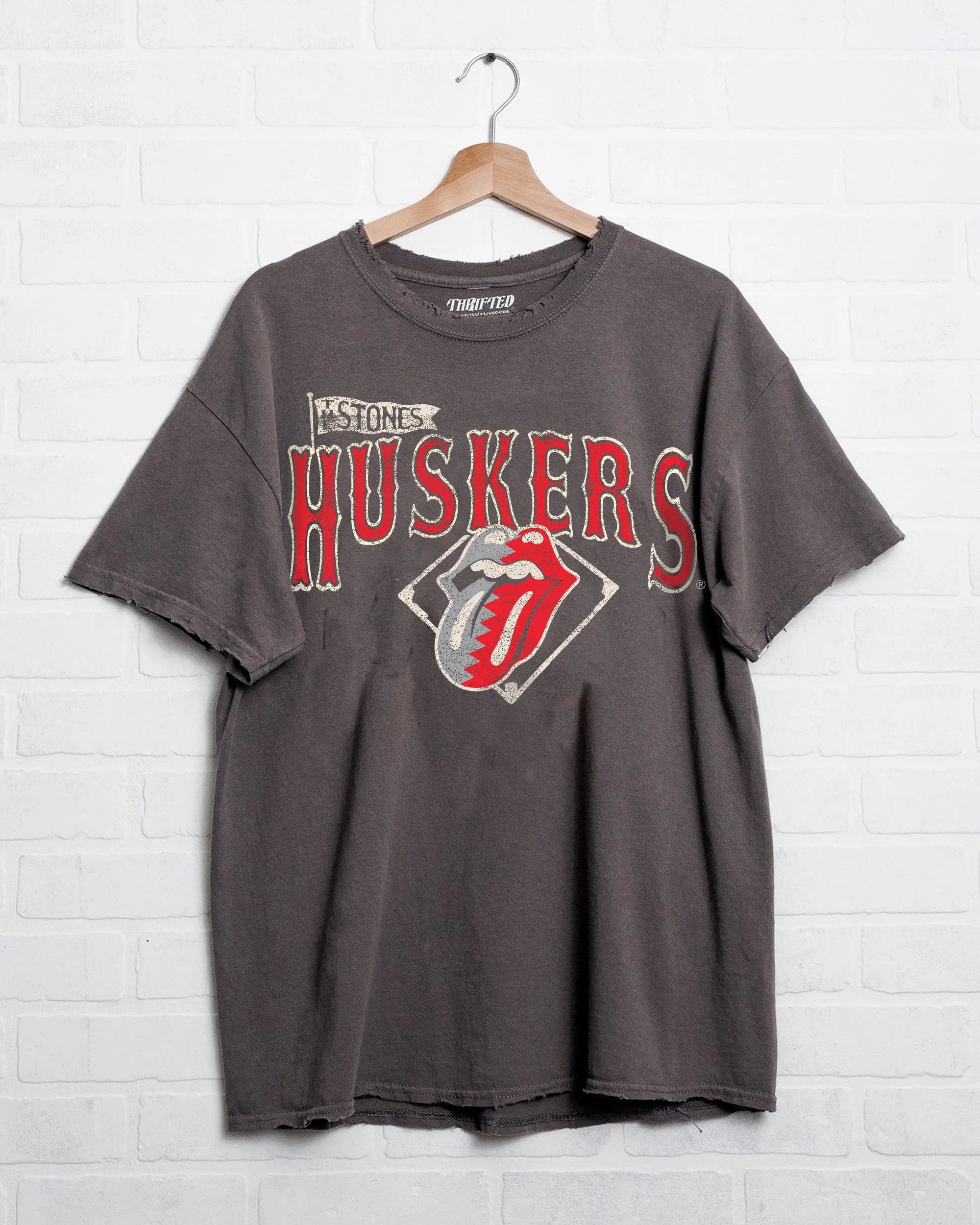 Rolling Stones Huskers Baseball Diamond Off Black Thrifted Tee