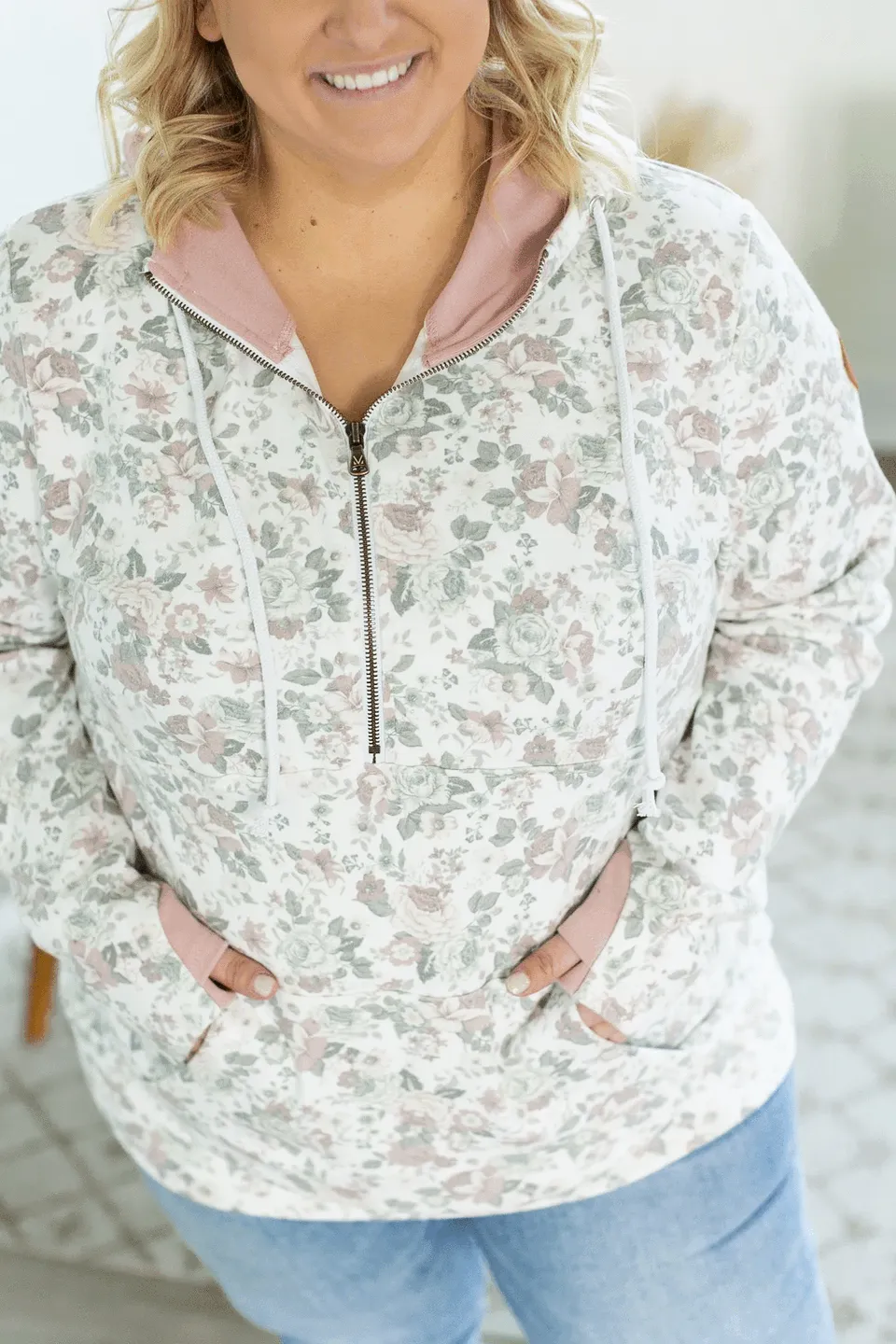 Spring Forward Half Zip Hoodie in White Floral