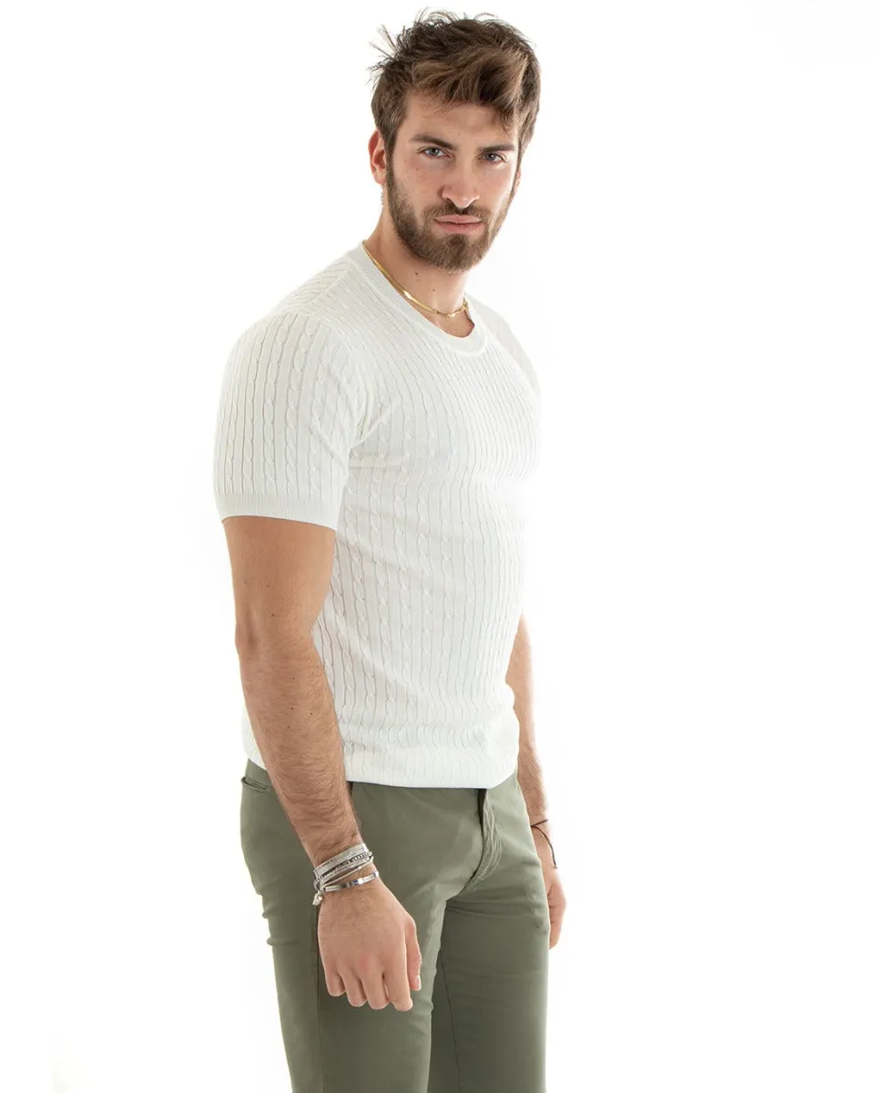 T-shirt Uomo Filo Manica Corta Girocollo Tinta Unita Bianca Basic Trecce GIOSAL-TS2889A