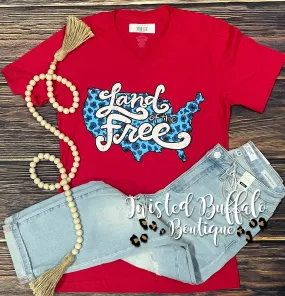 {THIS LAND IS YOUR LAND} Blue Leopard Patriotic Red V-Neck Tee