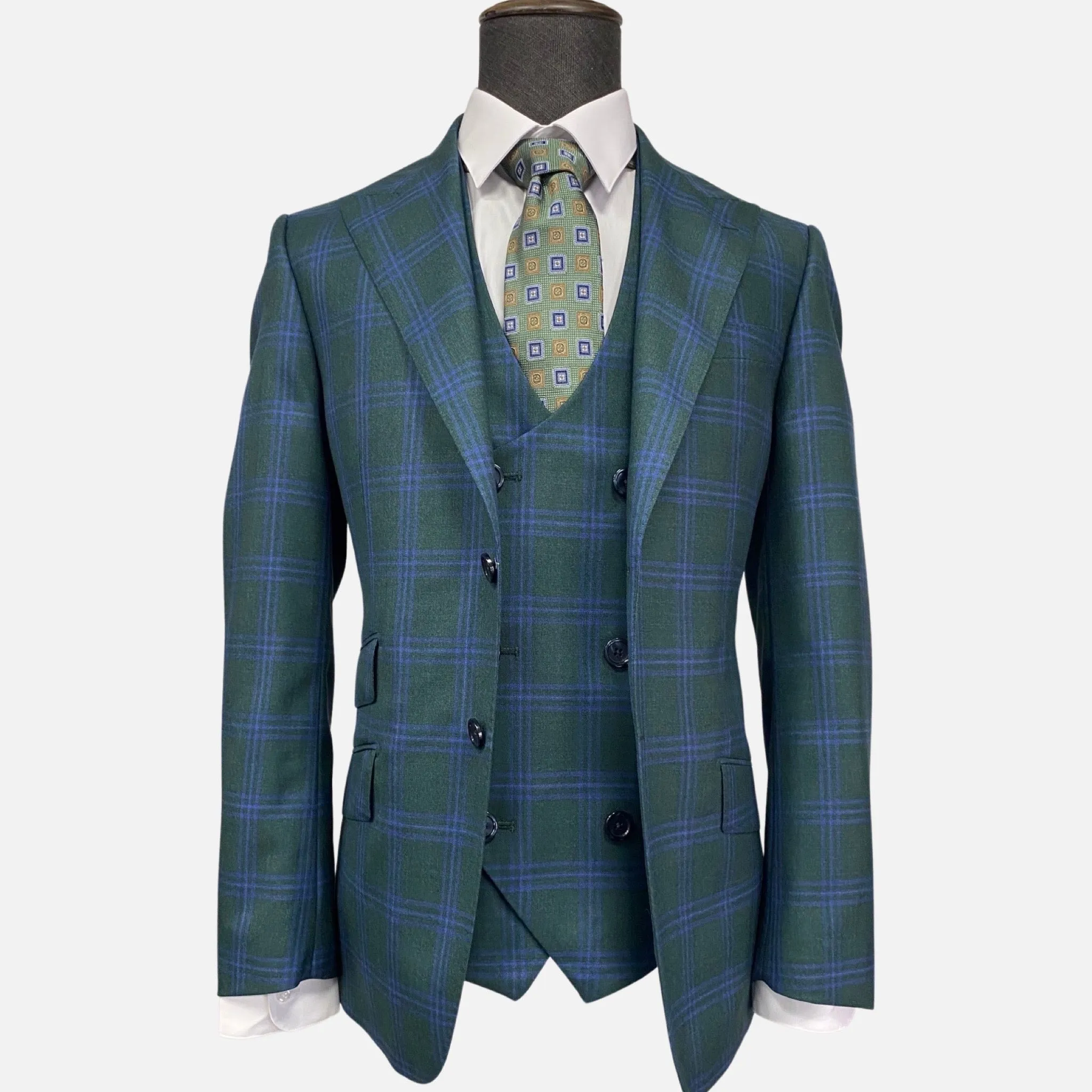 Tiglio Men's Green Plaid Italian Suit - Pure Wool, Classic Fit, 3-Piece with Vest, Peak Lapel, Single Breasted