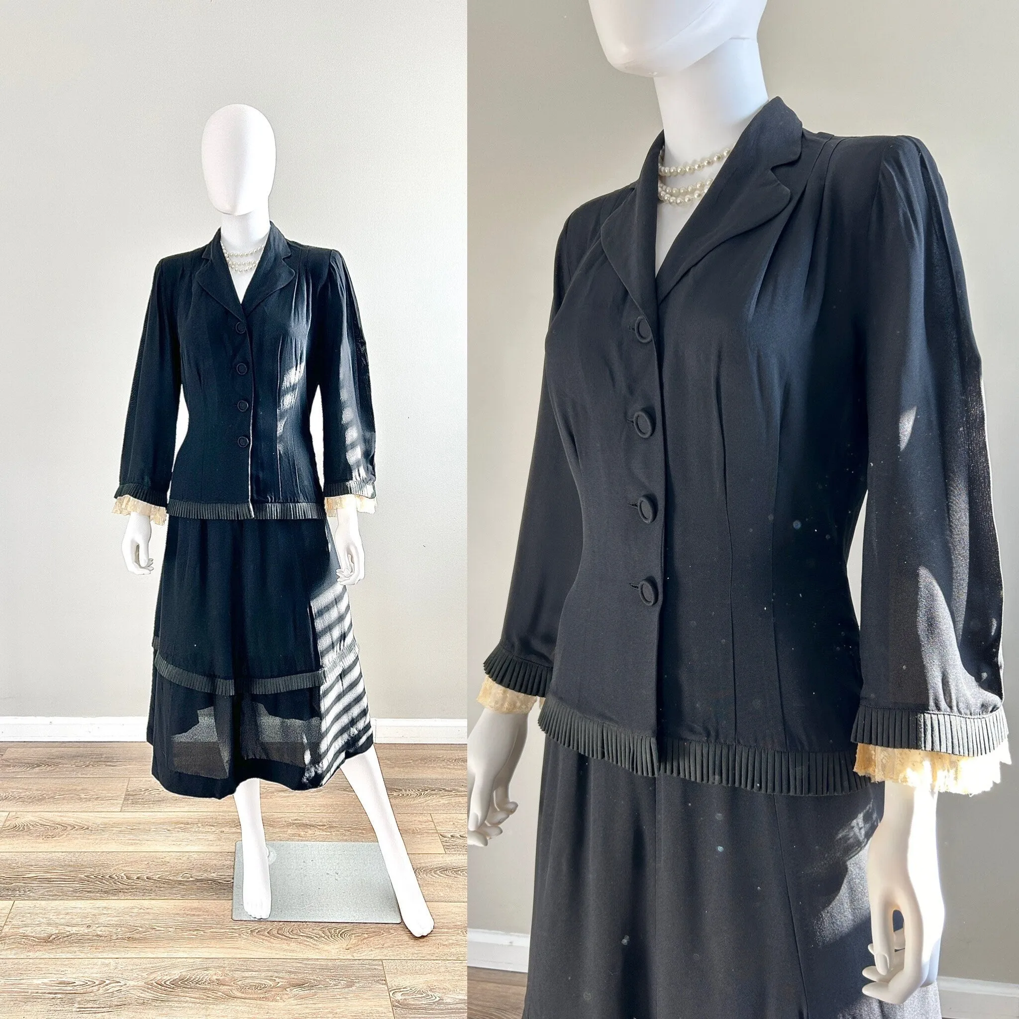 Vintage Early 1940s Black Rayon Skirt Suit / 40s Skirt and Blazer / Size S M