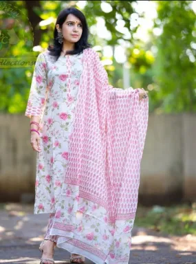 White & Pink Floral Print Cotton Salwar Suit Set