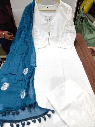 White Cotton suit with Ethnic Dupatta